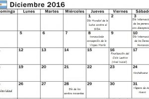 Calendario escolar de Diciembre con efemérides