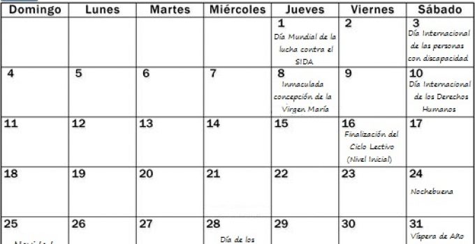 Calendario escolar de Diciembre con efemérides